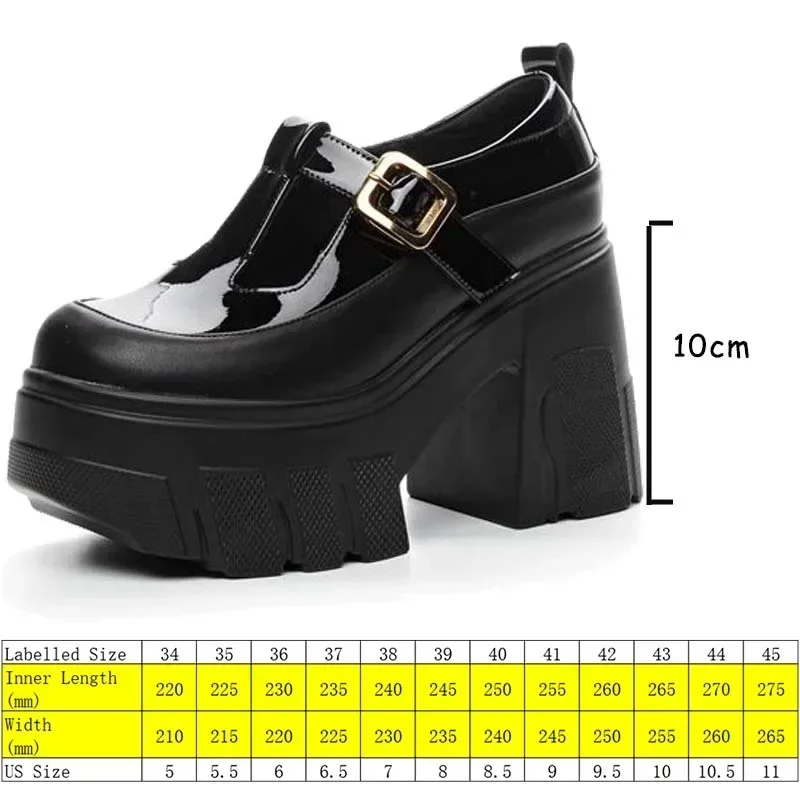 Fujin-botins de couro genuíno com fivela respirável, sapatos plataforma, saltos grossos, mary jane, primavera e verão, 10cm