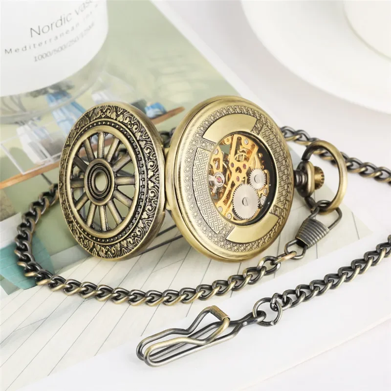 Mens Vintage Bronze Manual Mechanical Pocket Watch with Pocket Chain Pendant Clock Luminous Dial Half Hunter Timepiece Gift