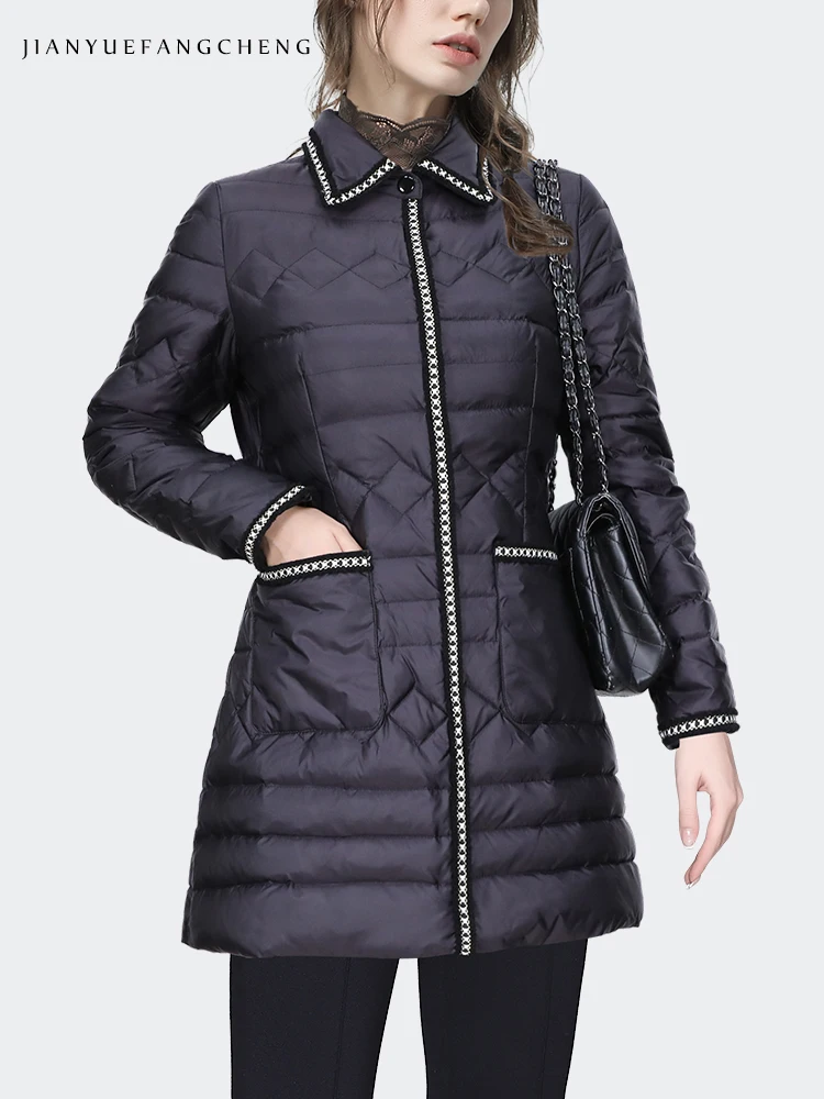 Dames Winter Mid-Length Zwart Donsjack Lange Mouw Overhemd Kraag Webbing Trims Elegante Slanke Puffer Jas Warme Winddichte Jassen