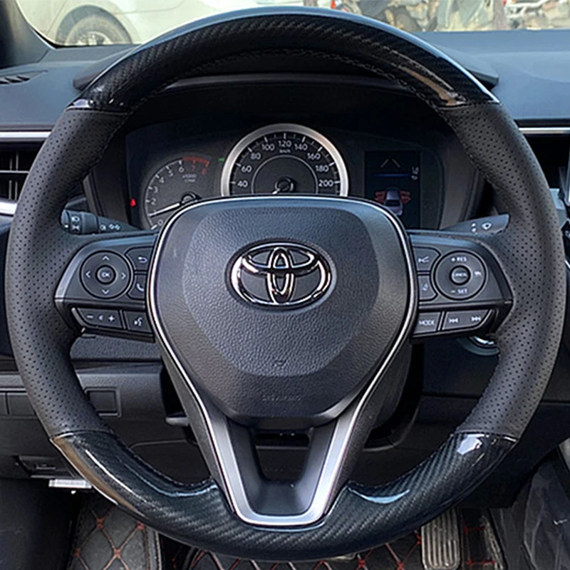 For Toyota Avalon Camry Crown Corolla RAV4 2018-2023 Hand Stitched black Carbon fibre Genuine Leather Car Steering Wheel Cover
