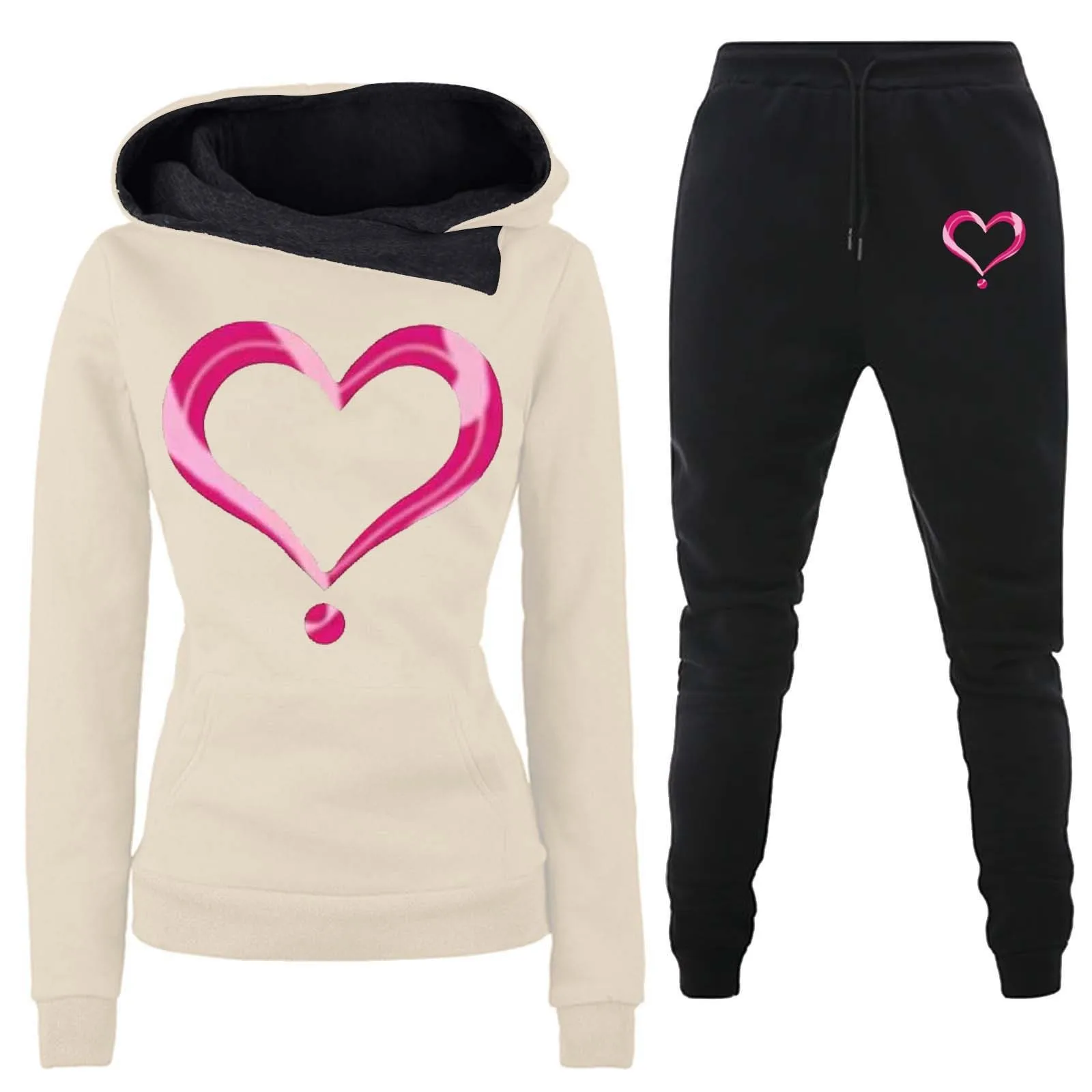 

Women 2 Psc Hoodie Set Heart Print Hooded Sweatshirt Drawstring Elastic Waist Sweatpant Autumn Winter Fitness Sports Tracksuits