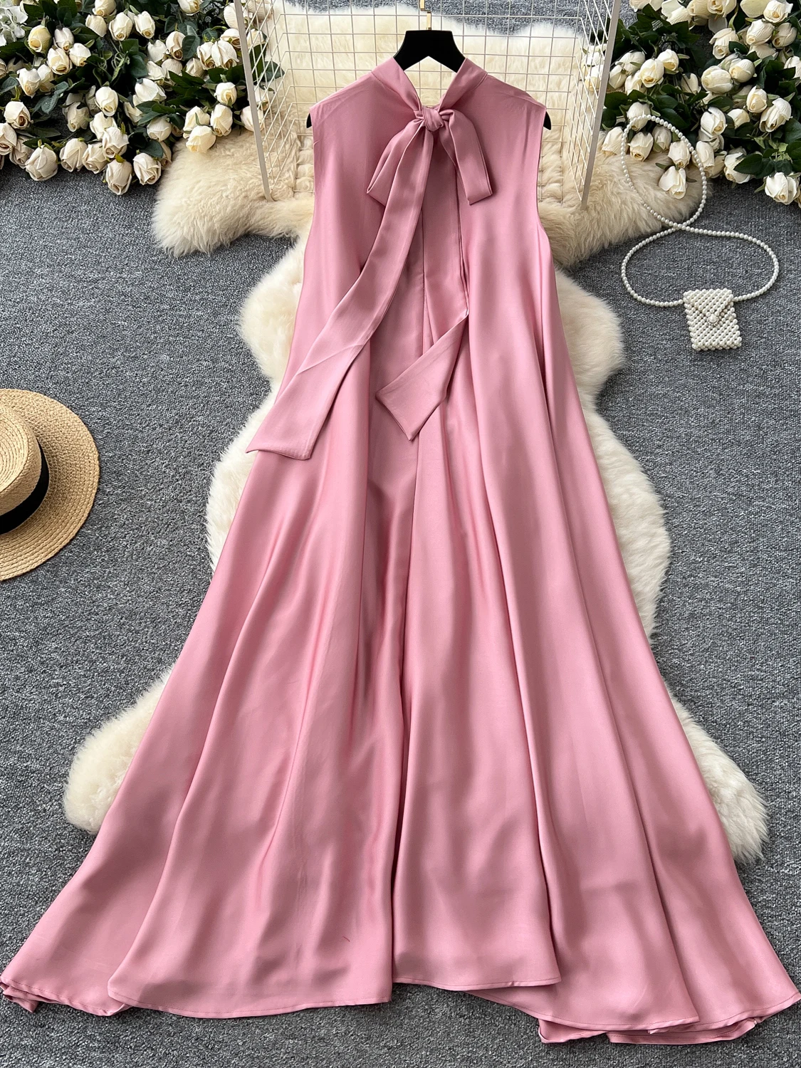 Ele Zware Verfraaid 3D Bloem Ronde Ne Svel Dr Vrouwen Losse Afslanken Satijnen Lange Rok Koreaanse Sle Hoge Taille