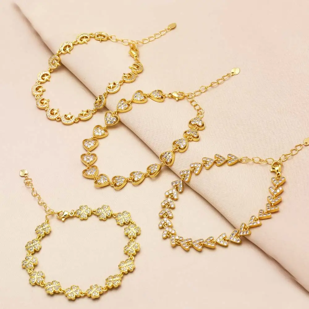 FLOLA Luxury Crystal Heart Bracelets for Women Gold Plated Clover Bracelets Statement Jewelry Party Gifts brth69