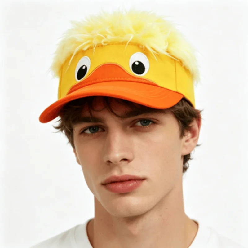 Lustiger Enten-Schirmhut mit Kunsthaar, Neuartiger Gelb-Oranger Verstellbarer Sonnenschirm für Männer und Frauen, Einzigartige Lässige Streetwear-Kappe – Detail 4