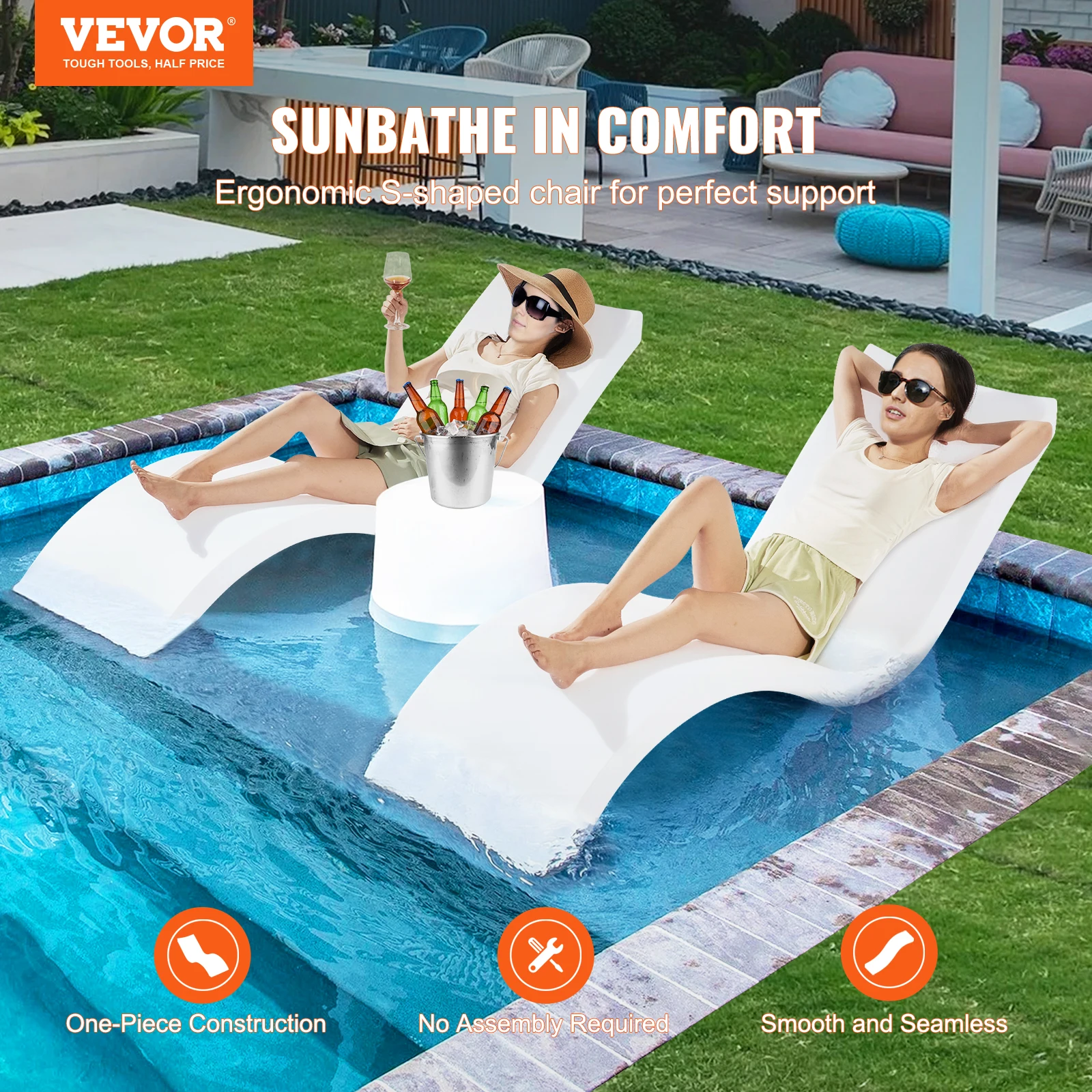 VEVOR in-Pool Lounge Chairs Set of 2 Chaise LoungerInside Pool Lounge Chairs for Water Depths up to 9\