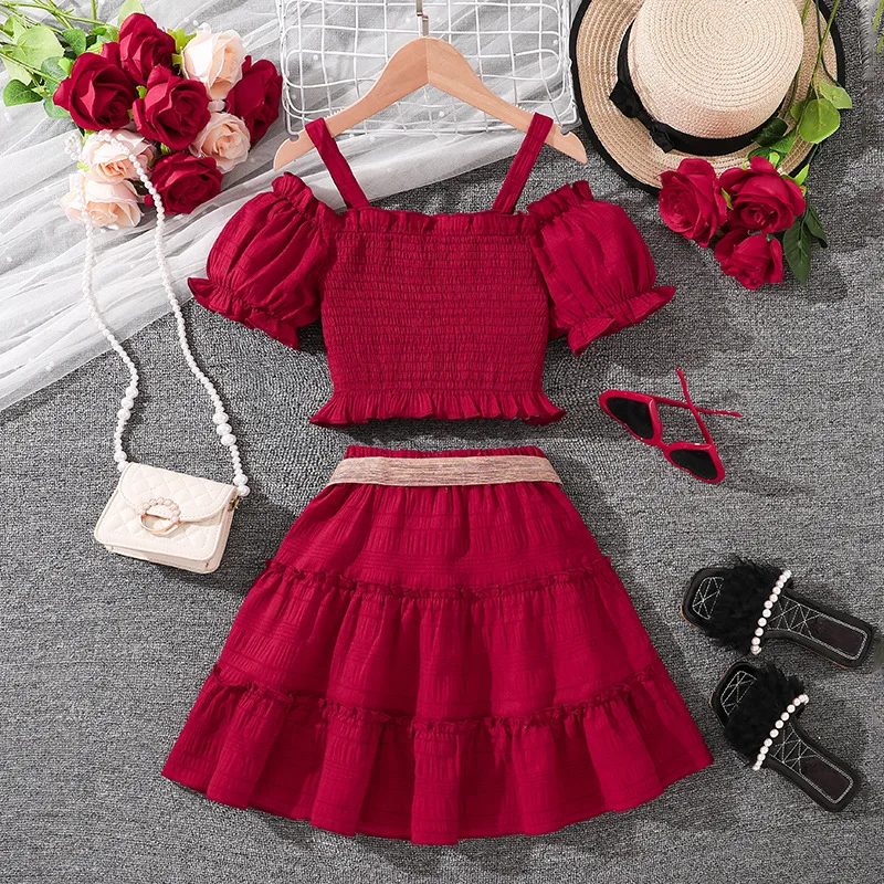 2025 Summer Child Clothes Sets Sleeveless Slash Neck T-shirt Red Belt Skirts 2 Piece Sets Designer Girls Clothes Sets 8-12T