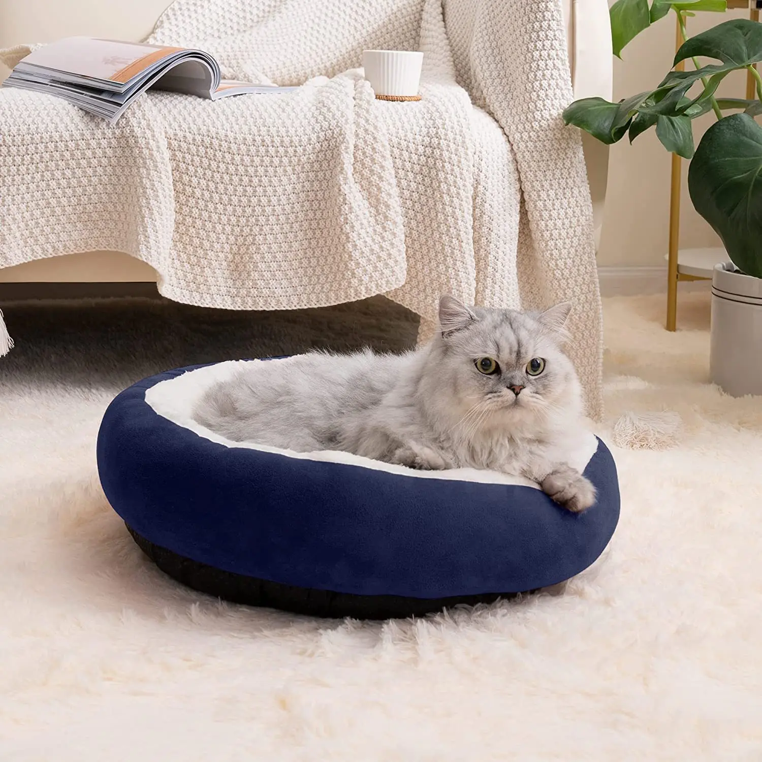 OUZEY Soft Plush Round Pet Cat Bed Soft Warm Cat Nest Comfortable Sleeping Puppy Bed Washable Pet House Supplies Dog Basket