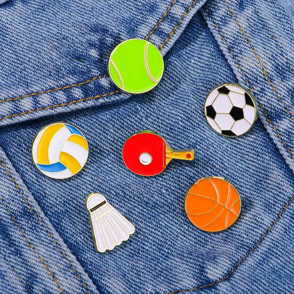 Sports Ball Series Brooch Soccer Basketball Pong Enamel Pin with Chain Cartoon Fashion Accessories Denim Badge Jewelry Gift