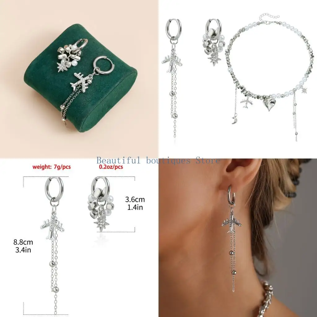 U4LF Heart Pendant Jewelry Set Modern Heart Plane Star Necklace Earrings Set Alloy Accessories Present for Fashion Lover