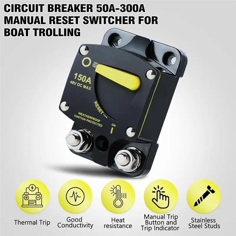 AEE2-Marine Circuit Breaker Resettable With Manual Reset Switch Button For Boat Trolling RV Yacht, 12V - 48V DC