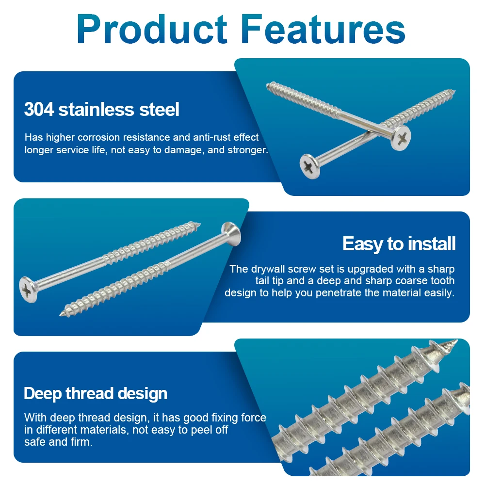 NINDEJIN Flat Head Phillips Wood Screw M4 Stainless Steel Coarse Thread Bugle Head Self Tapping Screw for Drywall Sheetrock Wood