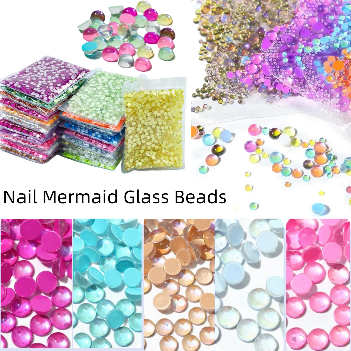 Magic Color Shiny Glass Hemispherical Mermaid Beads, Non Hotfix Glue on Rhinestones, Nail Art Garment Decorations, Big Bag