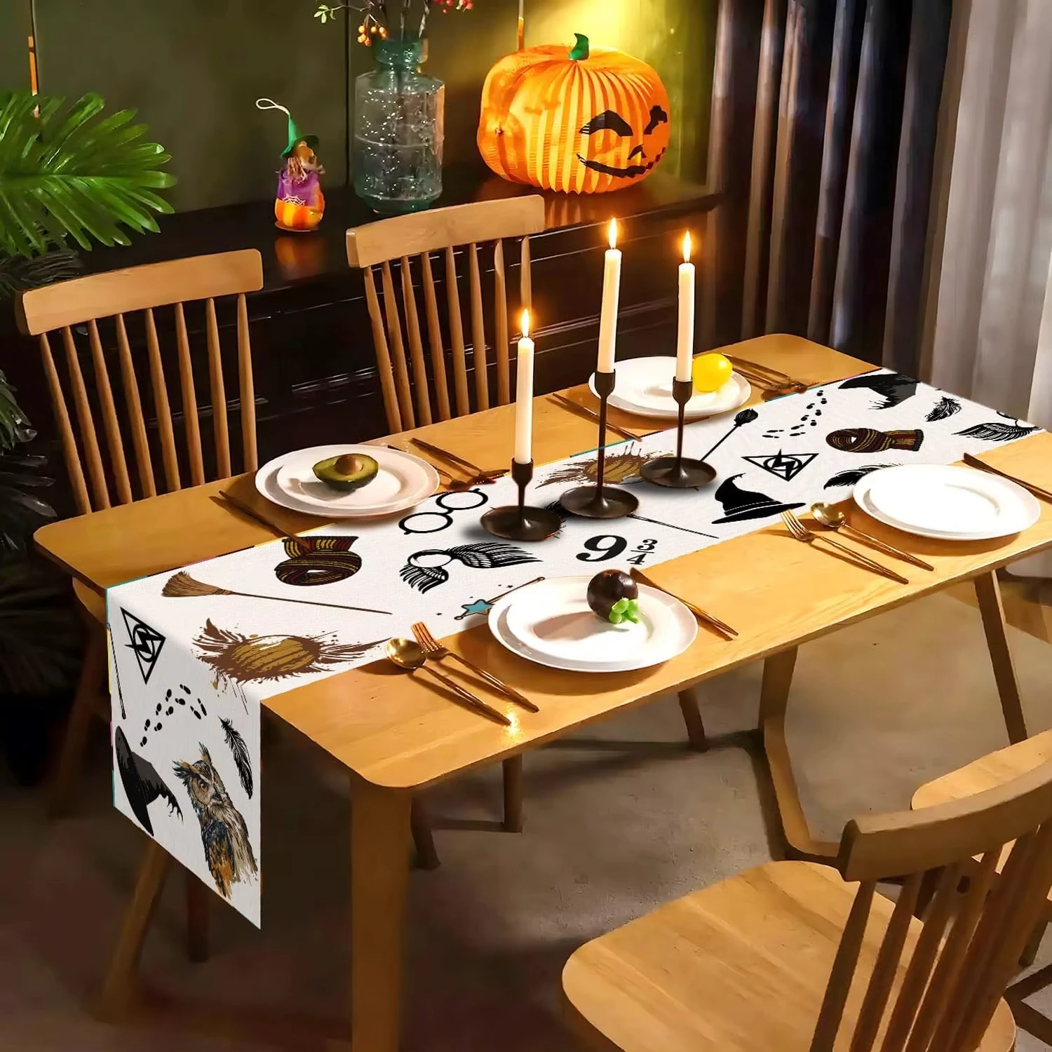 

Хэллоуин настольный флаг, скатерть, дорожка для обеденного стола, льняная ткань, украшение для вечеринки, логотип ведьмы, украшение для кухни и столовой