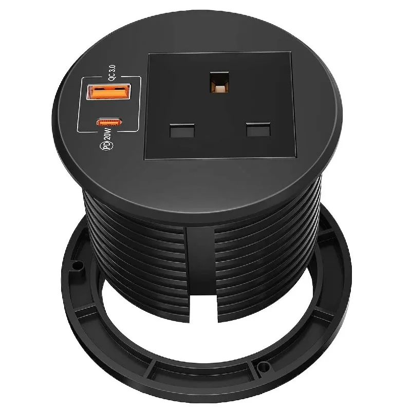 

80 мм британская вилка, утопленная умная круглая втулка для офисной мебели с 1 розеткой переменного тока, 20 Вт USBA + USB-C портом
