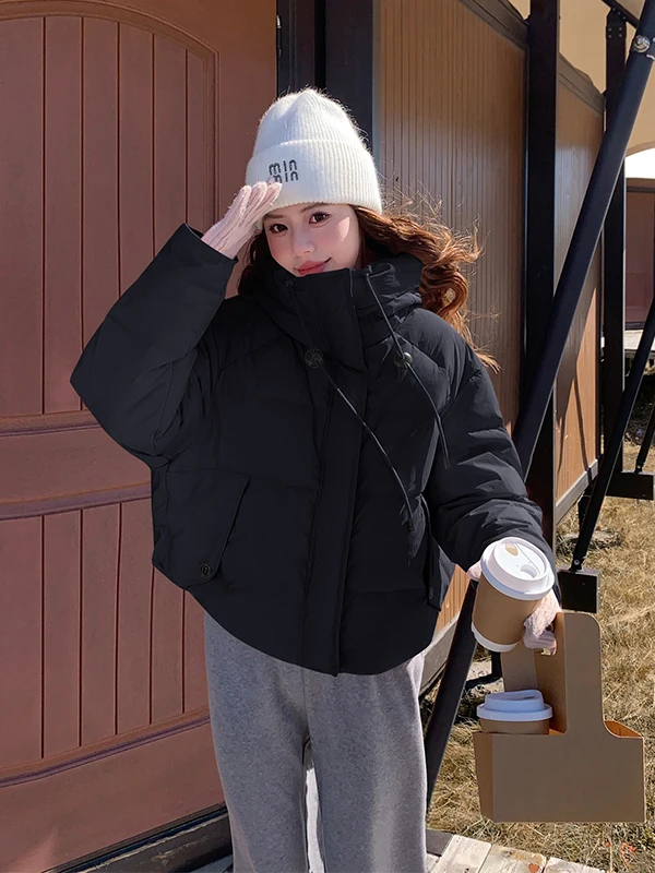 핑크 후드 오트 다운 재킷 여성용 겨울 2025 신상 소형 사이즈 안티에이징 한국 슬림핏 부피감 없는 아우터웨어