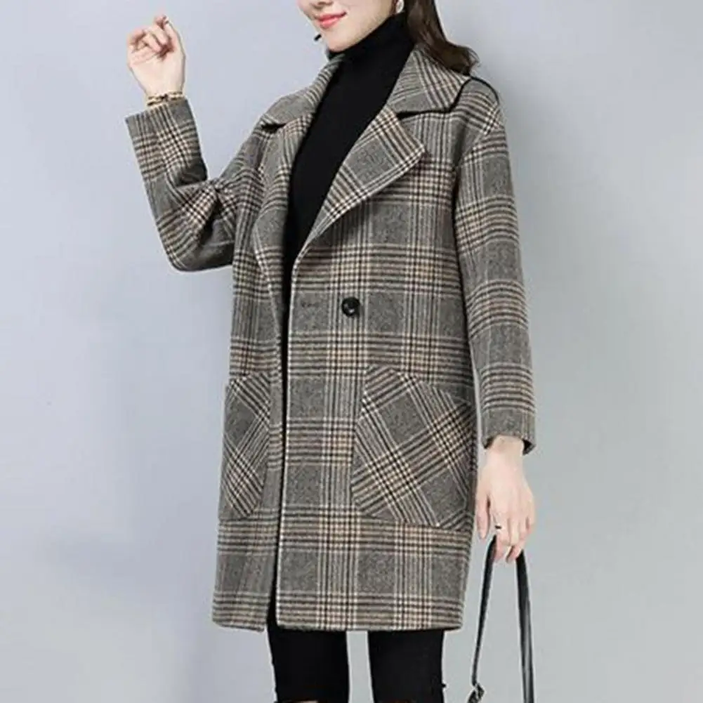 

Casual Coat Lapel Collar Jacket Plaid Print Windproof Overcoat Stylish Mid Length Jacket for Women