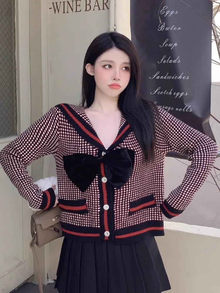 Autumn New Contrast Color Plaid Knitted Cardigan Christmas Party Red Loose Bow Fashion Casual Design Niche Navy Collar Top Women