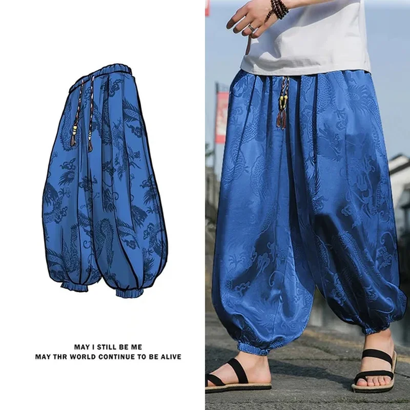 Men's Casual Pants, Loose Bloom, Silk Dragon, Dark Flower, Wide Leg, High Quality, Men's Pants, Outdoor Brand, 2024