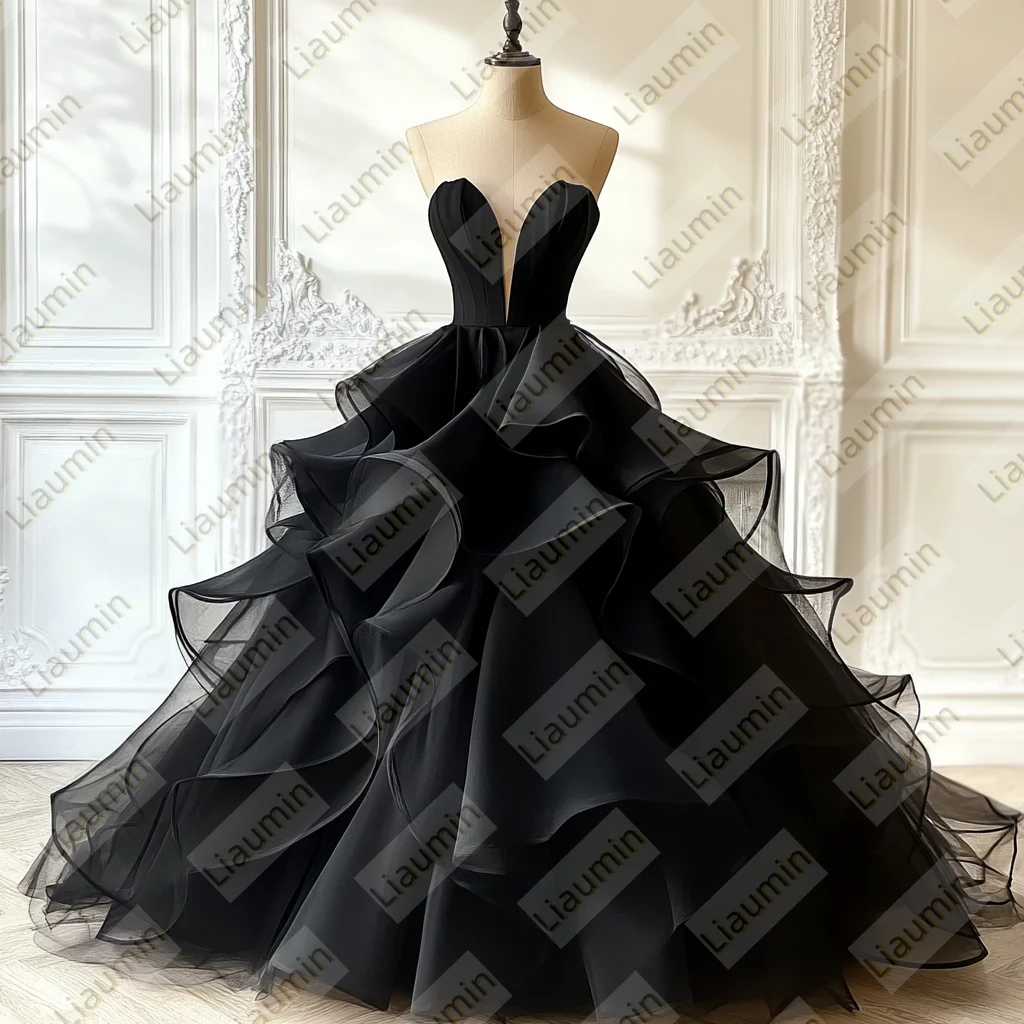 أسود الطبقات الأورجانزا الطابق طول فستان الحفلة الراقصة الدانتيل متابعة الظهر الزفاف حفلة موسيقية فساتين السهرة الزفاف فستاين سهرة/فساتين الحفلات مخصص W19-23 #4