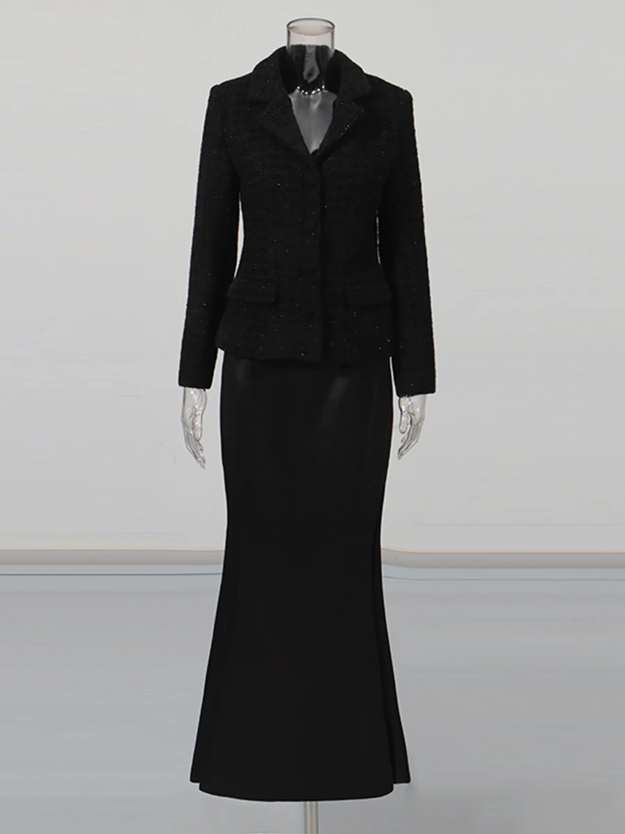 CHICEVER noir épissé poche deux pièces ensemble femme revers à manches longues veste taille haute bureau dame femmes jupe ensembles été nouveau