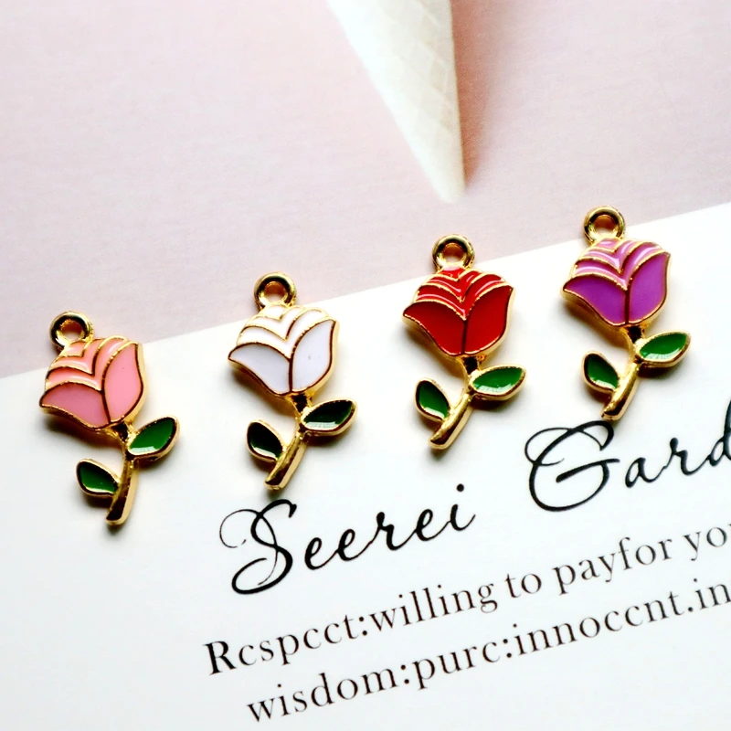 10pcs Rose Blossom Alloy Enamel Pendant Charming Colorful Flower Dangle DIY Necklace Bracelet Earrings Keychain Accessories X110