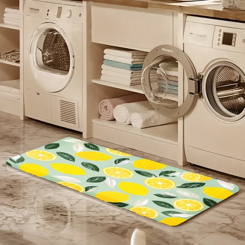 3PCS Mat Set,  Home Decoration for Front Door, Kitchen,  Lemon Slices Leaves Green Background Pattern Kitchen Rug.