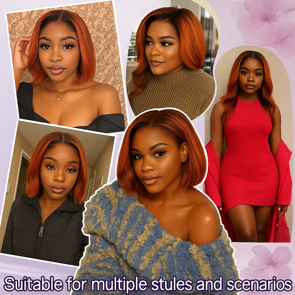 # Peruki bob z prostych włosów naturalnych 4/350 Omber Ginger z brązowymi pasemkami, krótkie, z przedziałkiem 13x4, z koronką z przodu, ulepszone, bezklejowe.