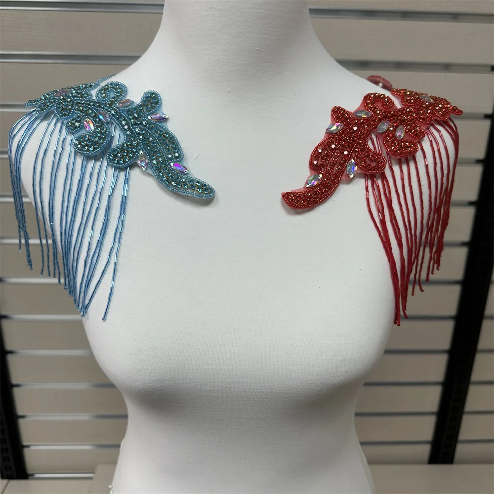 1PCS Rhinestone Applique tassels flower patches Iron on/sew on wedding dress accessories For Clothes Decoration
