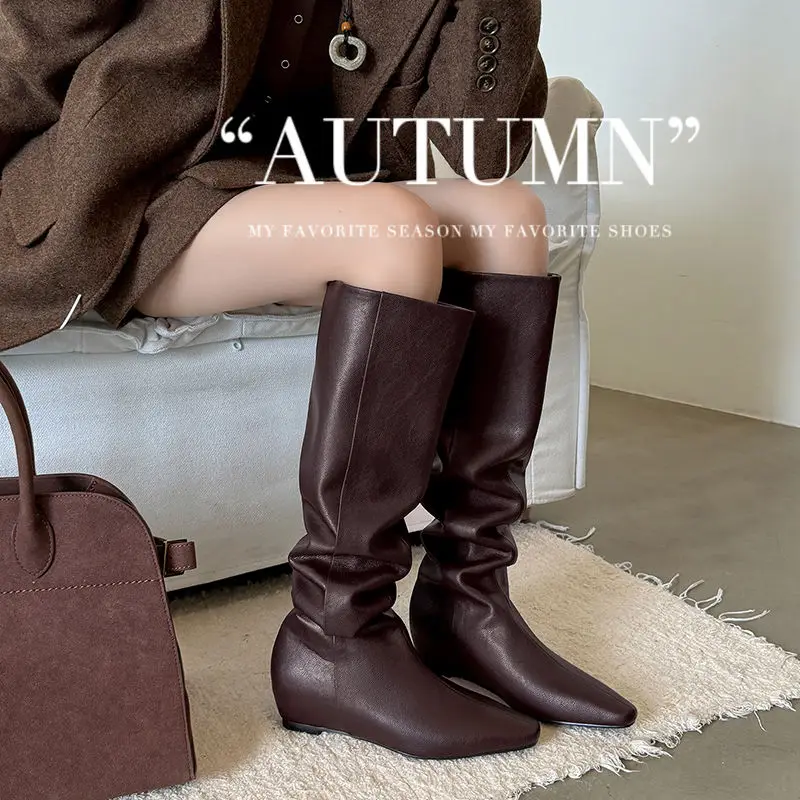 2026 new autumn winter women knee-high boots natural leather 22-24.5cm split leather square toe height increasing long boots