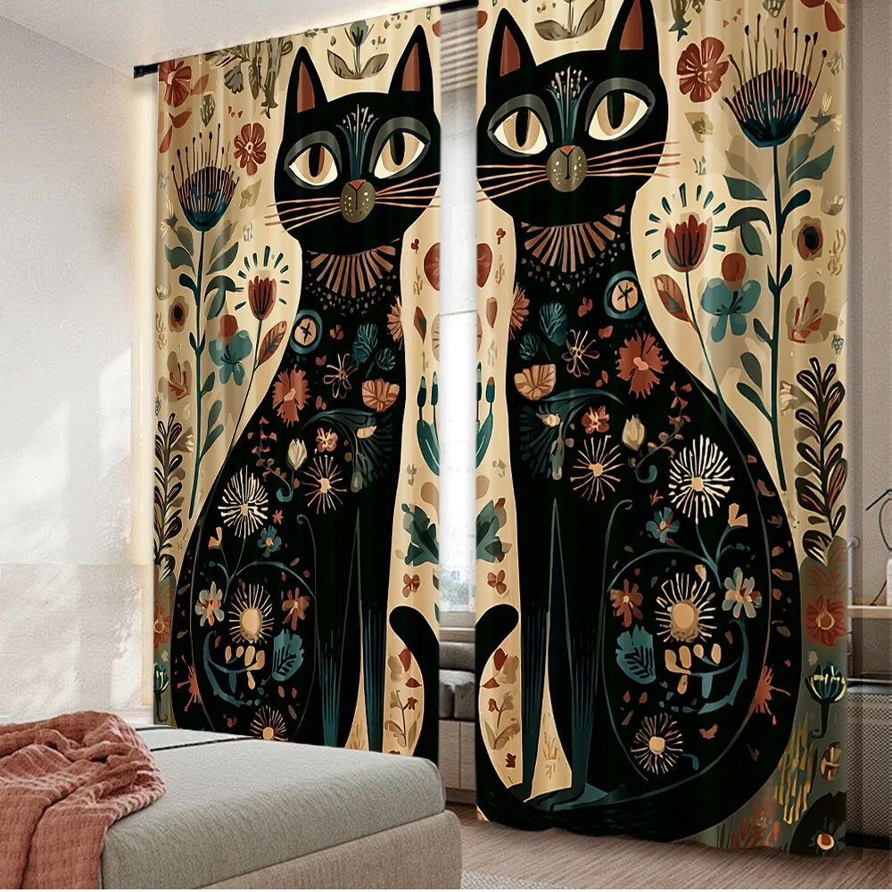 

2D flat printing 2pcs Scene Curtain Floral Feline Duo Digital Printed Polyester Drapes All Season Party & Holiday Decor Perfect