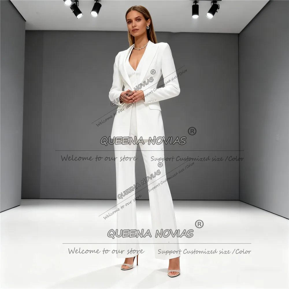 أنيقة الأبيض الصلبة النساء السراويل الدعاوى واحدة الصدر حفلة موسيقية الحلل مخصصة 3 قطعة مجموعات العروس الأم فستان الزفاف البدلات الرسمية #2