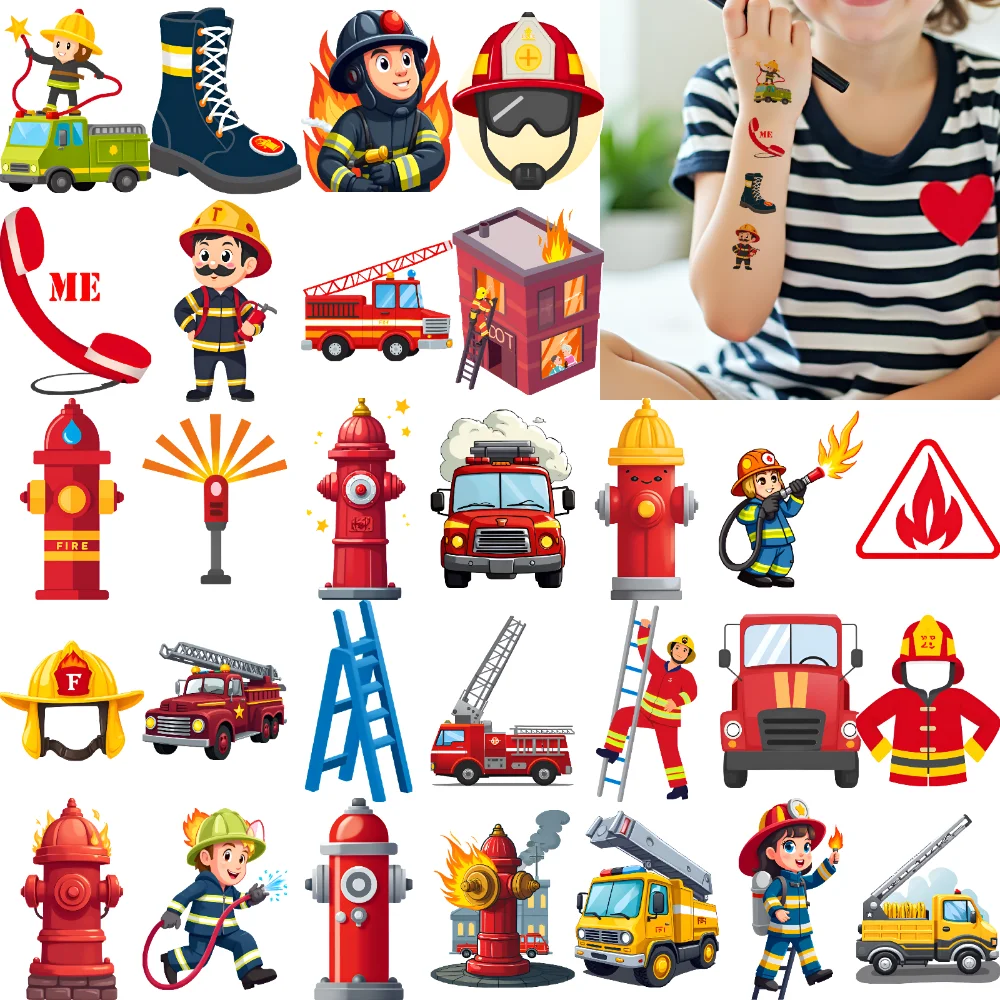 54pcs Temporary Tattoo Firefighter Icons Waterproof Long-lasting Body Stickers Hydrant Symbols Cartoon For Shoulders Men