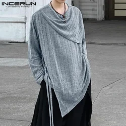 INCERUN Men Irregular T Shirt Knitted Hollow Out Solid Color Long Sleeve Casual Men Clothing Streetwear 2024 Fashion Tee Tops