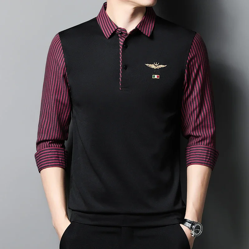 New Men's Casual and Fashionable Long Sleeved POLO Shirt with Contrasting Print Anti Wrinkle Top