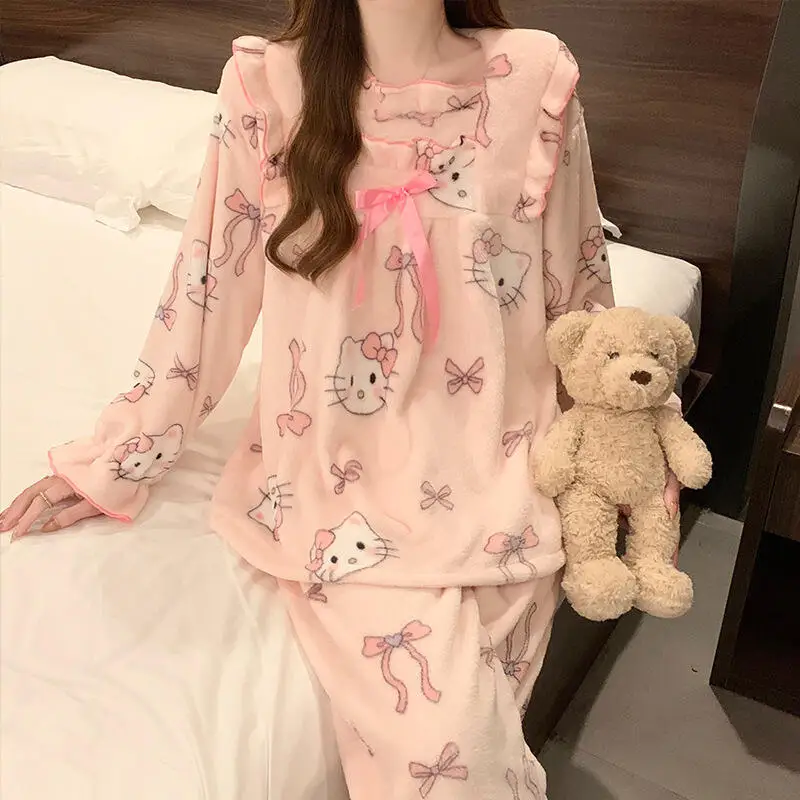 2025 meninas outono e inverno pijamas flanela conjunto grosso doce bonito dos desenhos animados confortável quente manga comprida pulôver roupas para casa