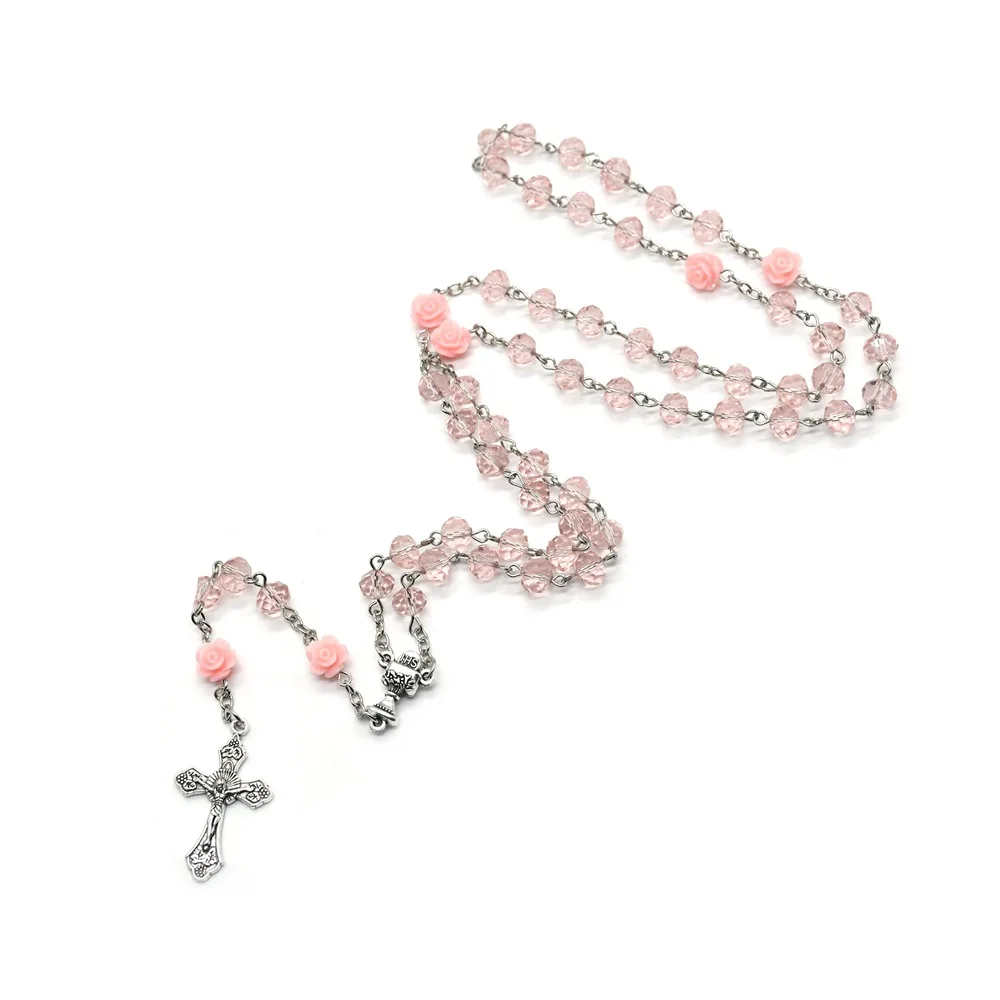 6*8mm Pink Rose Crystal Rosary Cross Pendant Necklace Catholic Jesus Christ Church Prayer Religious Jewelry Accessories Gift