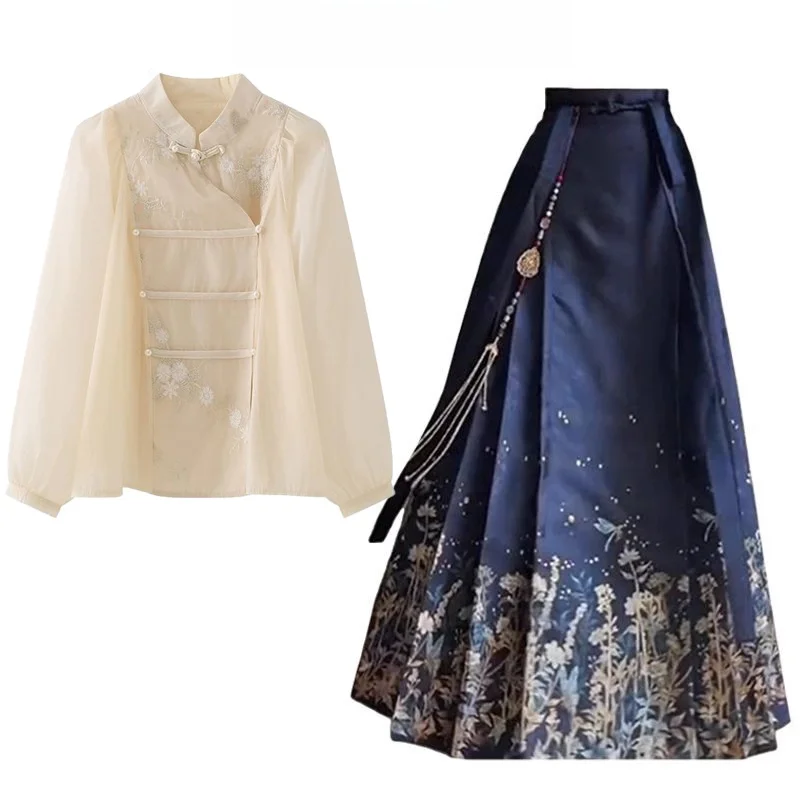 

New Chinese Sle Women's irt Long Sve Button up Top National Trend Autumn 2024 Design Improved Hanfu f Skirt