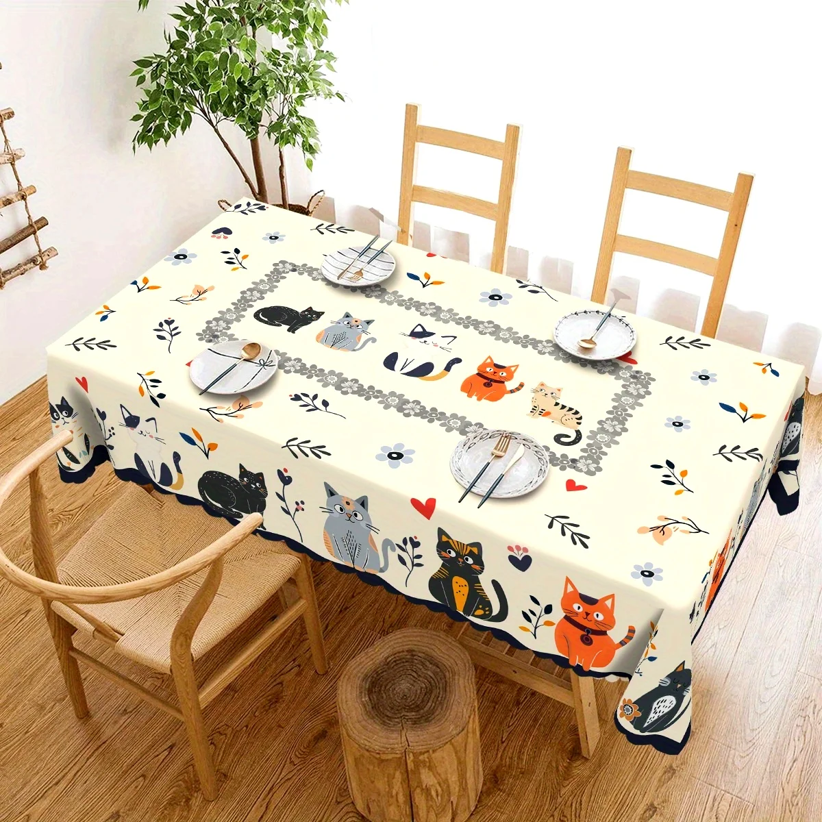 1Pc Cartoon Cat Pattern Tablecloth Cream Color Floral And Cat Print Table Cover For Dining Room Kitchen Home Decor Re