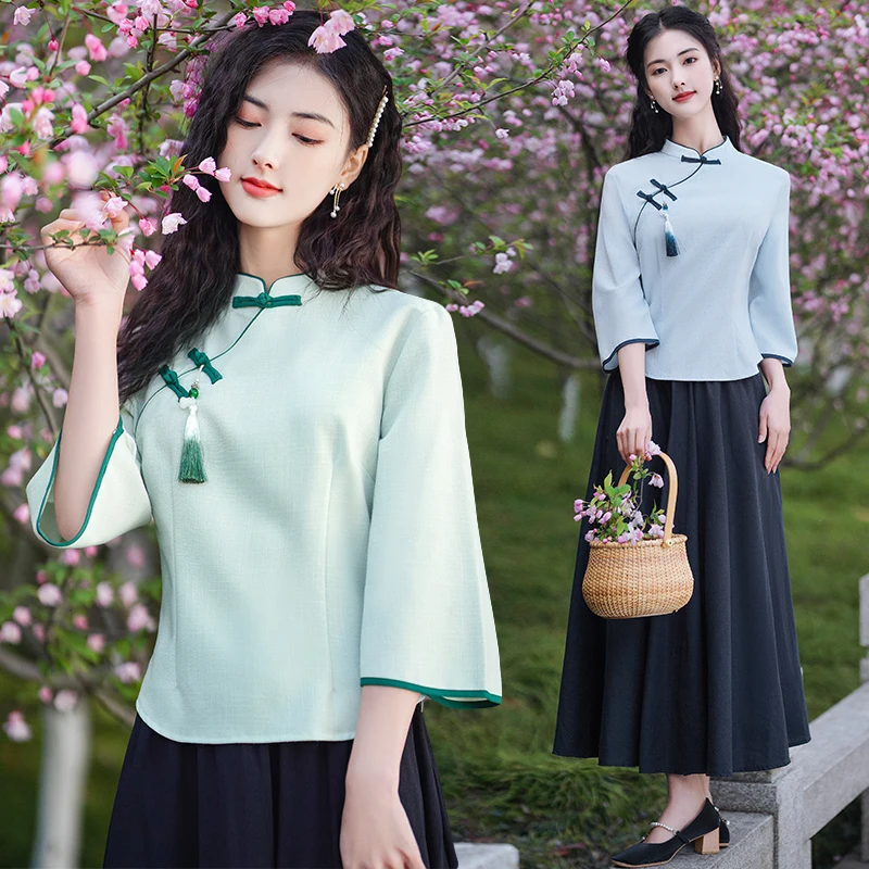 

Retro Cotton Linen Set Young Version Women's Side Buttoned Two Piece Set Tang Costume Top Quality Ladies Fashion