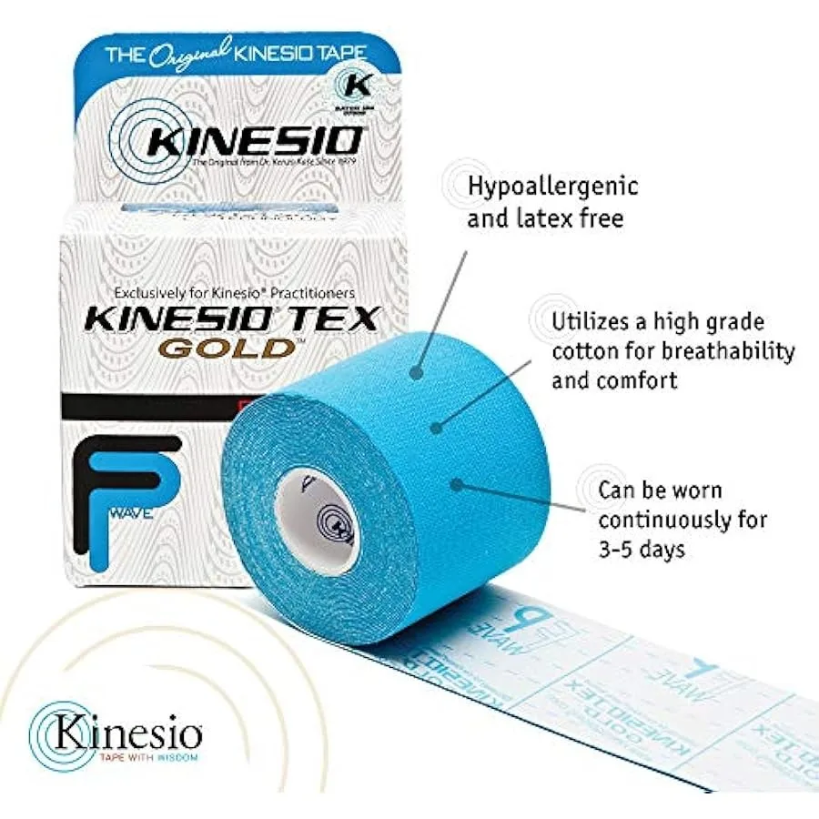 Kinesio Taping - Pacote de fita atlética terapêutica elástica Tex Gold FP - Azul Vermelho e Bege Um rolo de 2 pol. x 16,4 pés - 3 rolos