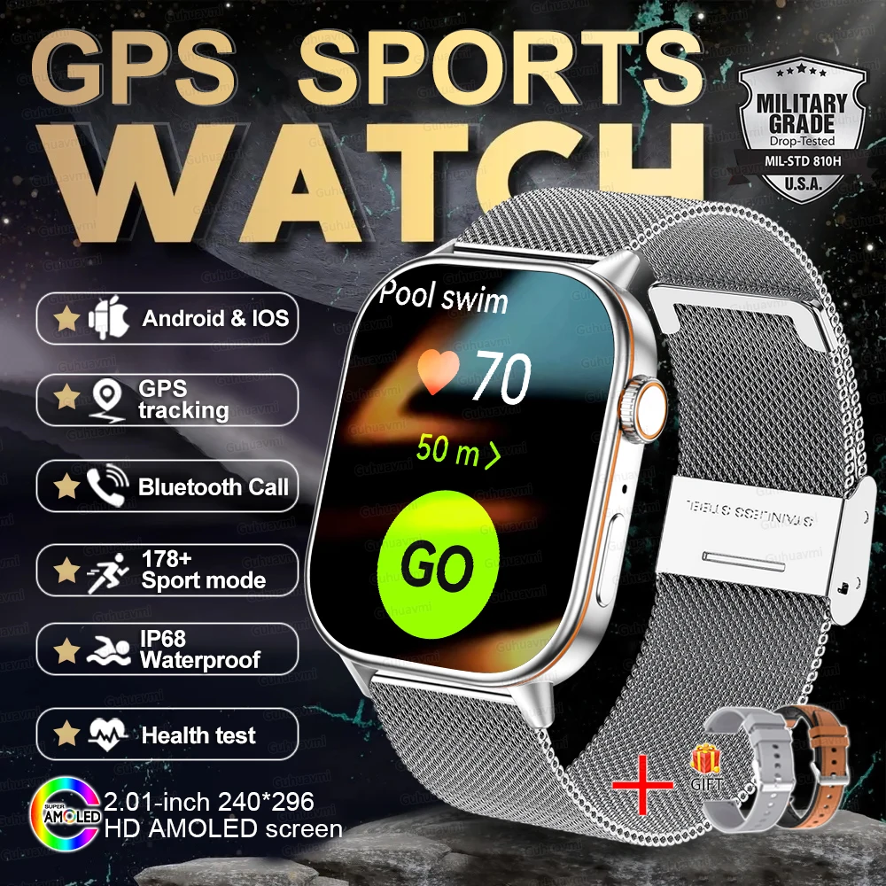 Neue GPS-Militär-Smartwatch mit Eingebautem GPS-Kompass Höhenmesser Barometer 10ATM IP69K Wasserdicht AMOLED BT-Anruf Smartwatch