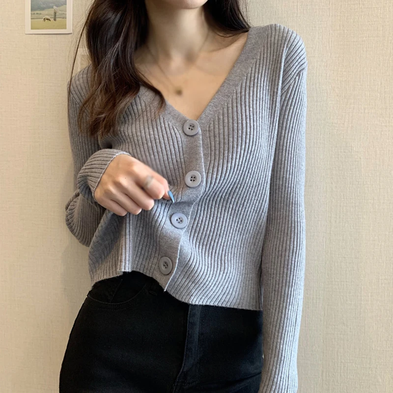 Women's Cardigan Slim Fit Short Sweater Knitwear V-neck Long Sleeve Single Breasted Casual Versatile Sweater 2023 Autumn Winter