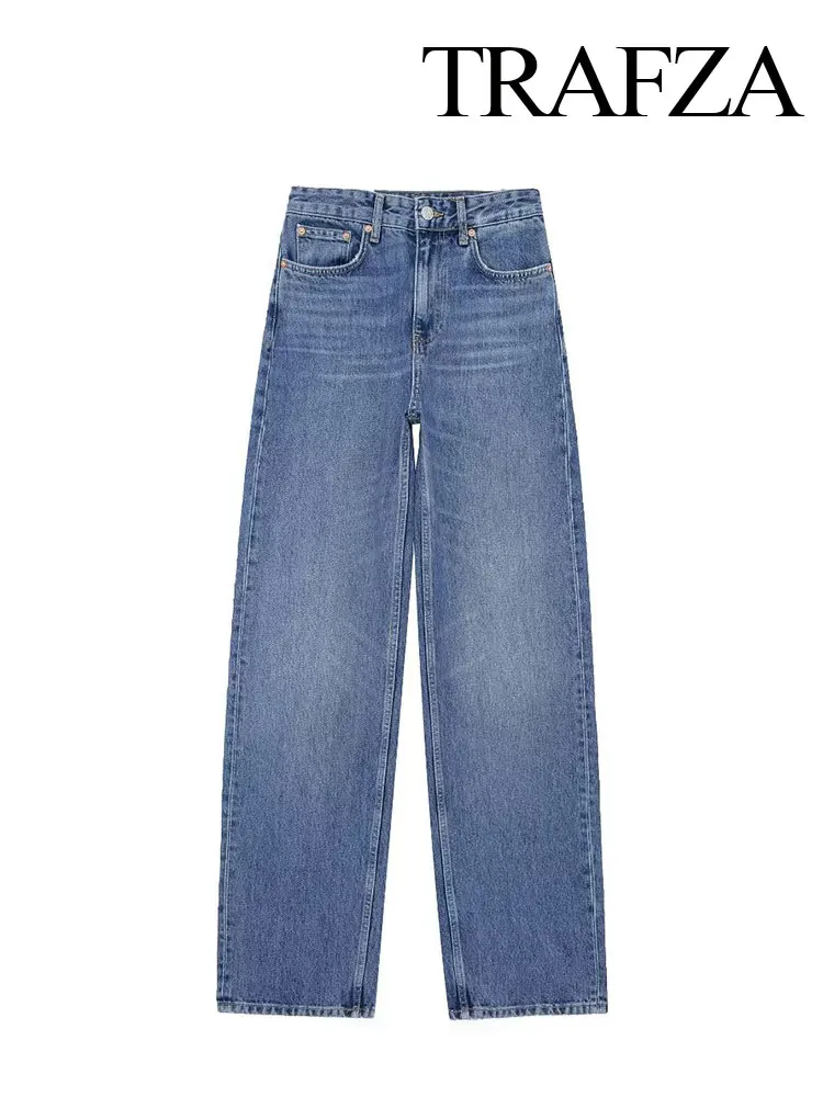

TRAFZA 2024 Spring Trousers For Women Fashion Denim Trend Slim Zipper Fly Long Pants Female With Pockets Woman's Wide Leg Pant
