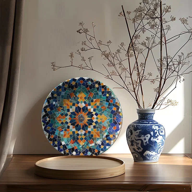 1pc Hand-Painted Starry Sky Mosaic Ceramic Wall Art Plate - Vibrant Blue, Orange & Teal Geometric Design, Round Decorative