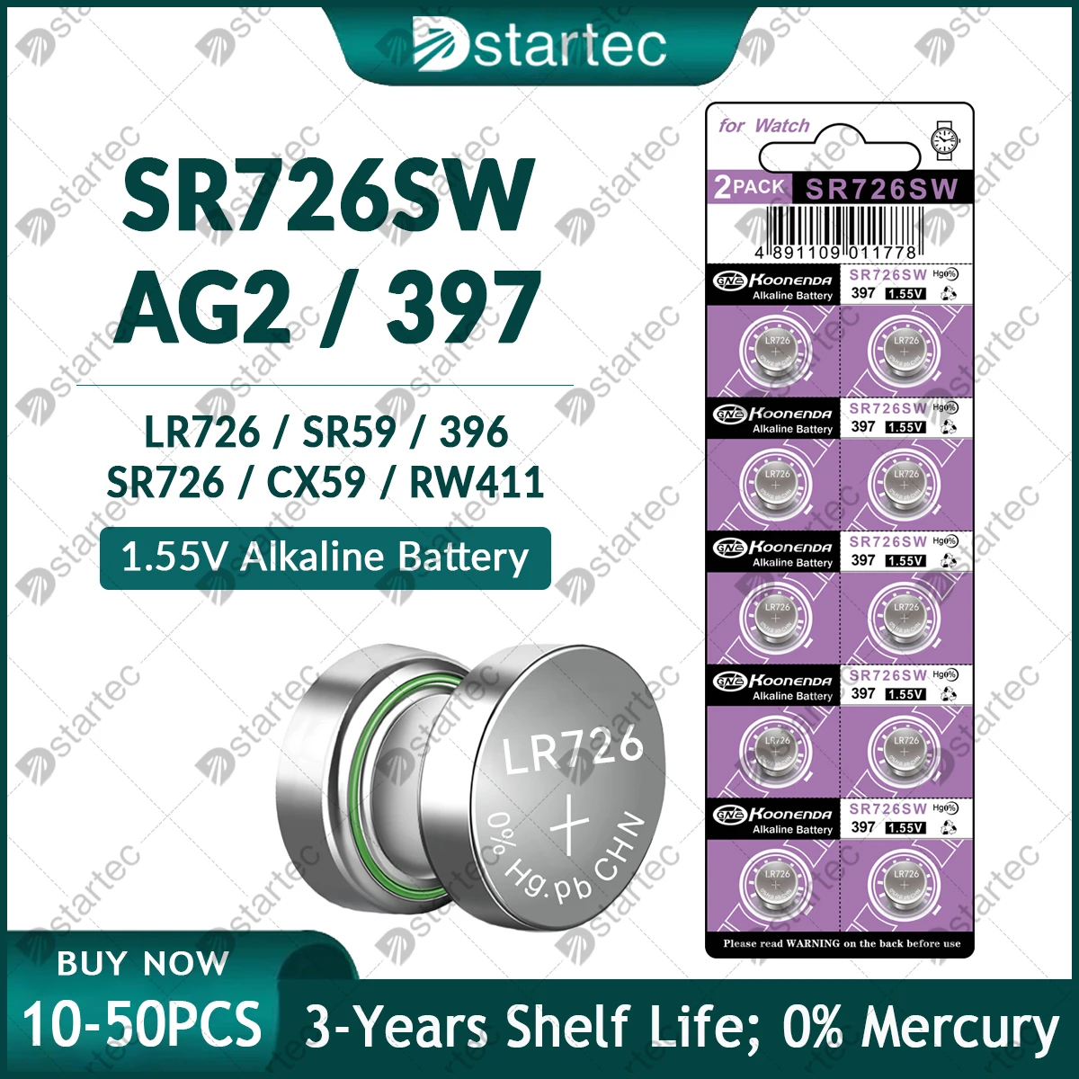 Koonenda LR726 AG2 1.55V Alkaline Button Battery, SR726SW 397 396 L726 RW411 G2 SR726 397A CX59 Coin Cell for Watch Clock Remote