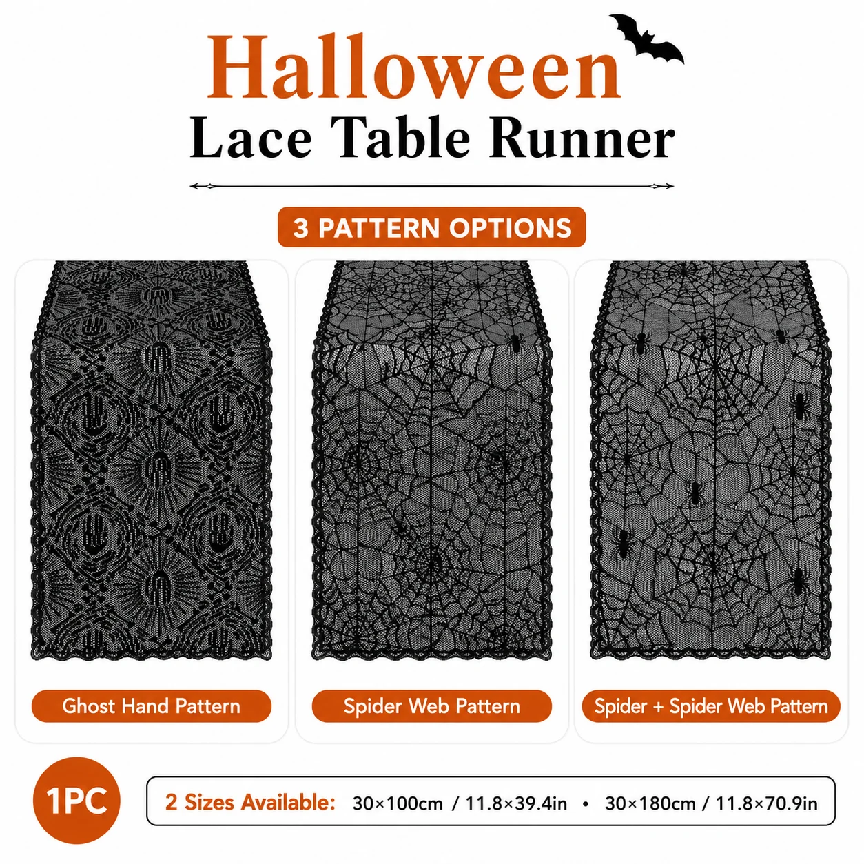 1PC Black Lace Halloween Table Runner Ghost Hand Spider Web Hollow Tablecloth Dining Mantel Gothic Party Decor