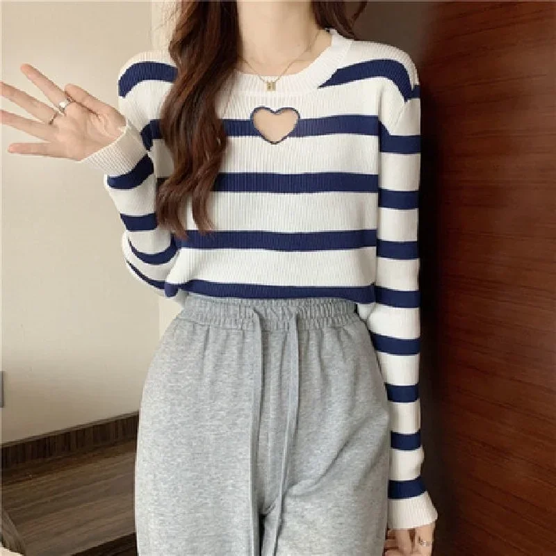 

Полосатые футболки женские весенние Ulzzang шикарные укороченные свободные полые дизайнерские модные женские 4-цветные универсальные мягкие топы для колледжа