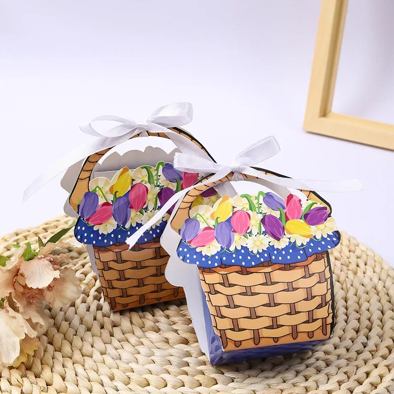 10Pcs Creative Oil Painting Flower Basket Shape Candy Boxes Gift Packings Boxes for Wedding Birthday Baaby Shower Party Decor