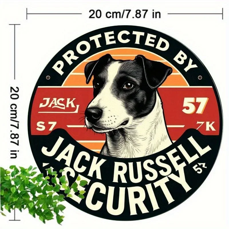 Protected By Jack Russell Security Round Tin Sign, 1pc 2D Flat Retro Dog Warning Metal Wall Plaque, 20cm Farm Gate Backyard Pet