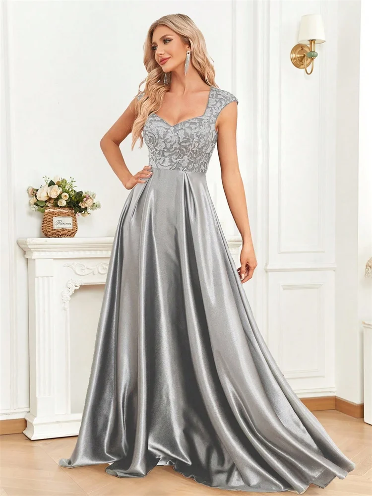 Elegant Sequins Formal Evening Dress For Women 2025 Luxury U-neck Satin Prom Floor Length Cocktail Party Graduation Gowns